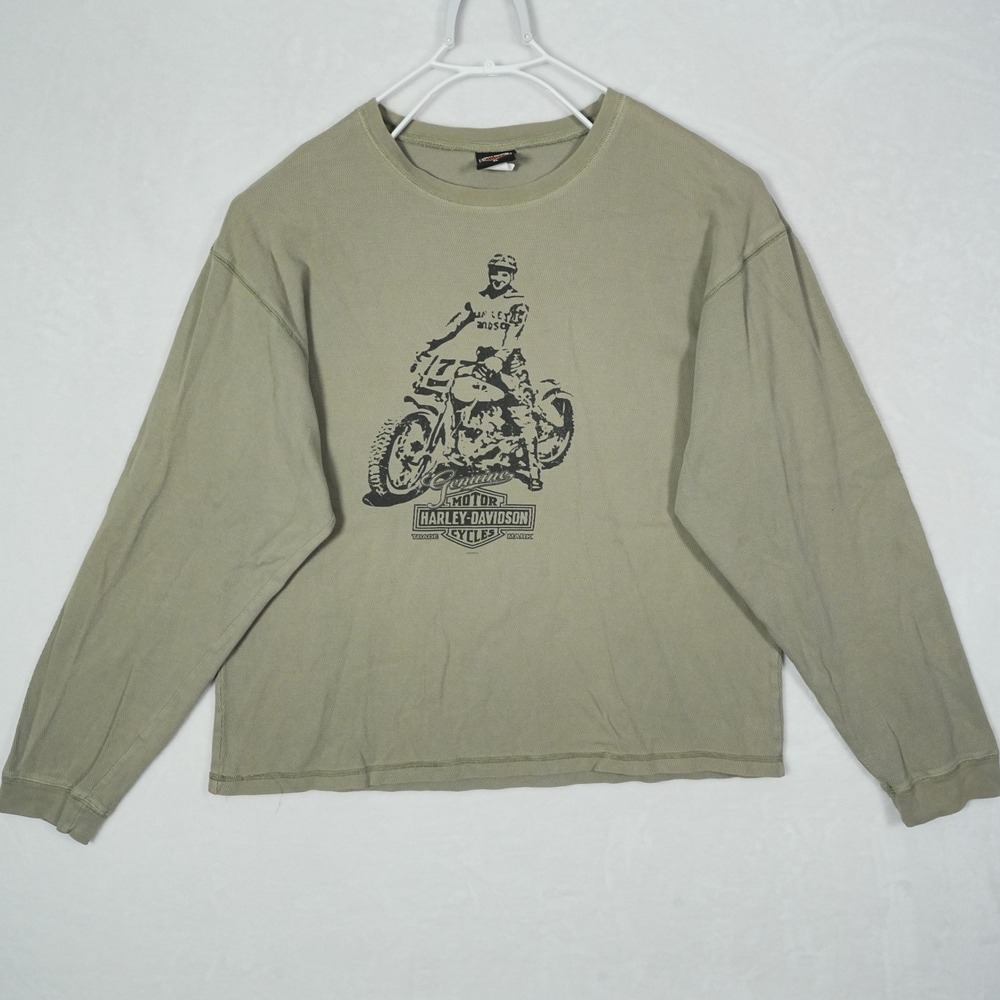 Vintage Harley Davidson Thermal Shirt XL USA Made Waffle Knit Flame Graphic 2004